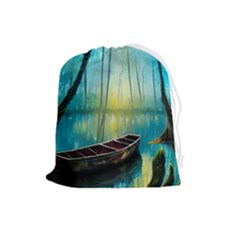 Swamp Bayou Rowboat Sunset Landscape Lake Water Moss Trees Logs Nature Scene Boat Twilight Quiet Drawstring Pouch (large) by Grandong