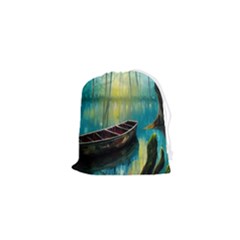 Swamp Bayou Rowboat Sunset Landscape Lake Water Moss Trees Logs Nature Scene Boat Twilight Quiet Drawstring Pouch (xs) by Grandong