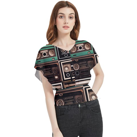 Retro Electronics Old Antiques Texture Wallpaper Vintage Cassette Tapes Retrospective Butterfly Chiffon Blouse by Grandong