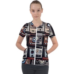 Retro Cameras Old Vintage Antique Technology Wallpaper Retrospective Short Sleeve Zip Up Jacket by Grandong