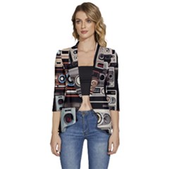 Retro Cameras Old Vintage Antique Technology Wallpaper Retrospective Women s 3/4 Sleeve Ruffle Edge Open Front Jacket by Grandong