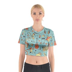 Seamless Pattern Musical Instruments Notes Headphones Player Cotton Crop Top by Apen