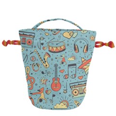 Seamless Pattern Musical Instruments Notes Headphones Player Drawstring Bucket Bag by Apen