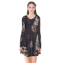 Vintage Tattoos Nautical Long Sleeve V-neck Flare Dress by Apen