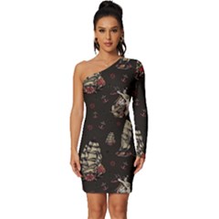 Vintage Tattoos Nautical Long Sleeve One Shoulder Mini Dress by Apen