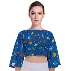 Space Rocket Solar System Pattern Tie Back Butterfly Sleeve Chiffon Top by Apen