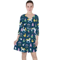 Cute Babies Toys Seamless Pattern Quarter Sleeve Ruffle Waist Dress by Apen