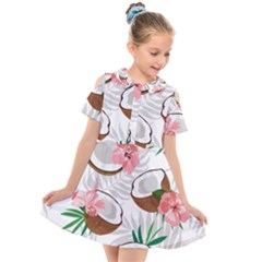 Seamless Pattern Coconut Piece Palm Leaves With Pink Hibiscus Kids  Short Sleeve Shirt Dress by Apen