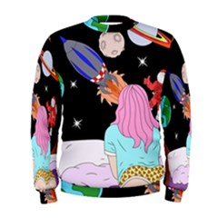 Girl Bed Space Planets Spaceship Rocket Astronaut Galaxy Universe Cosmos Woman Dream Imagination Bed Men s Sweatshirt by Maspions