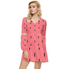 Watermelon Melon Fruit Healthy Food Meal Breakfast Lunch Juice Lemonade Summer Tiered Long Sleeve Mini Dress by Maspions