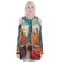 London England Bridge Europe Buildings Architecture Vintage Retro Town City Velvet Long Sleeve Shoulder Cutout Dress by Maspions