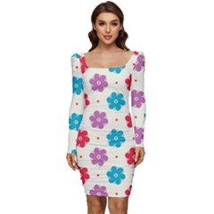 Abstract Art Pattern Colorful Artistic Flower Nature Spring Women Long Sleeve Ruched Stretch Jersey Dress by Bedest