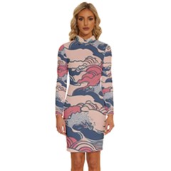 Waves Ocean Sea Water Pattern Rough Seas Digital Art Nature Nautical Long Sleeve Shirt Collar Bodycon Dress by Bedest