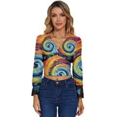 Cosmic Rainbow Quilt Artistic Swirl Spiral Forest Silhouette Fantasy Long Sleeve V-neck Top by Maspions