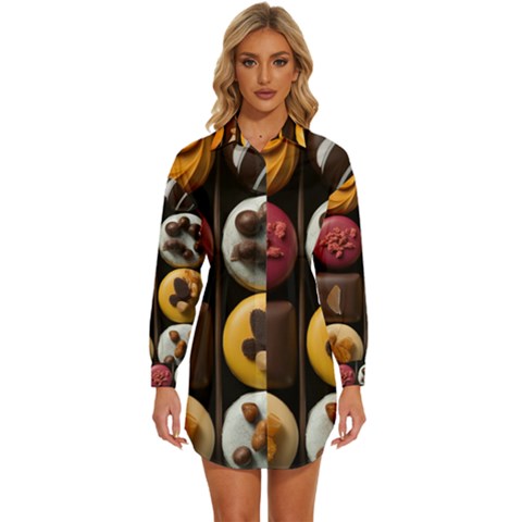 Chocolate Candy Candy Box Gift Cashier Decoration Chocolatier Art Handmade Food Cooking Womens Long Sleeve Shirt Dress by Maspions