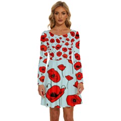 Poppies Flowers Red Seamless Pattern Long Sleeve Wide Neck Velvet Dress by Maspions