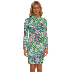 Fairies Fantasy Background Wallpaper Design Flowers Nature Colorful Long Sleeve Shirt Collar Bodycon Dress by Maspions