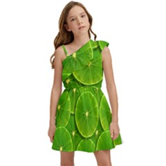Lime Textures Macro, Tropical Fruits, Citrus Fruits, Green Lemon Texture Kids  One Shoulder Party Dress by nateshop