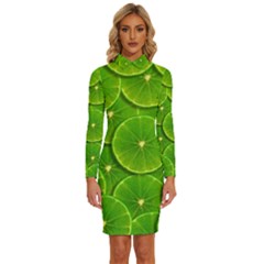 Lime Textures Macro, Tropical Fruits, Citrus Fruits, Green Lemon Texture Long Sleeve Shirt Collar Bodycon Dress by nateshop