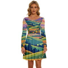 Field Valley Nature Meadows Flowers Dawn Landscape Long Sleeve Wide Neck Velvet Dress by Maspions