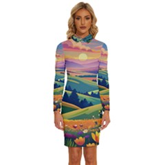 Field Valley Nature Meadows Flowers Dawn Landscape Long Sleeve Shirt Collar Bodycon Dress by Maspions