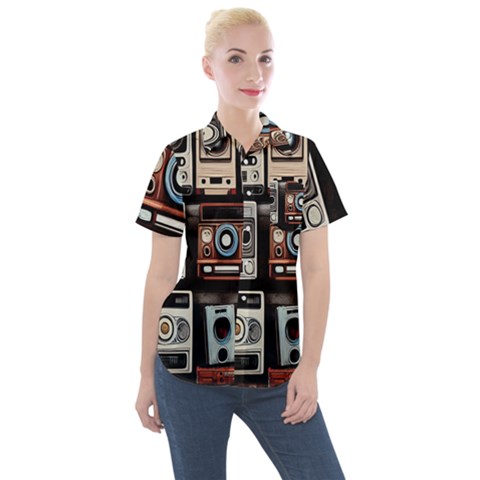 Retro Cameras Old Vintage Antique Technology Wallpaper Retrospective Women s Short Sleeve Pocket Shirt by Grandong