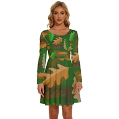 Leaves Foliage Pattern Oak Autumn Long Sleeve Wide Neck Velvet Dress by Maspions