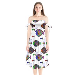Fish Abstract Colorful Shoulder Tie Bardot Midi Dress by Maspions