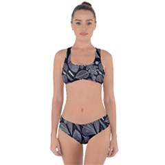 Leaves Flora Black White Nature Criss Cross Bikini Set by Maspions