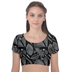 Leaves Flora Black White Nature Velvet Short Sleeve Crop Top  by Maspions