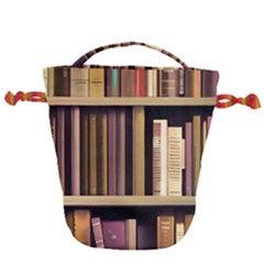 Books Bookshelves Office Fantasy Background Artwork Book Cover Apothecary Book Nook Literature Libra Drawstring Bucket Bag by Posterlux