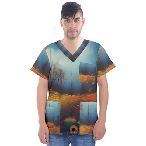 Wildflowers Field Outdoors Clouds Trees Cover Art Storm Mysterious Dream Landscape Men s V-neck Scrub Top by Posterlux