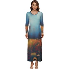 Wildflowers Field Outdoors Clouds Trees Cover Art Storm Mysterious Dream Landscape Long Sleeve Longline Maxi Dress by Posterlux