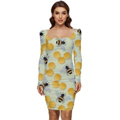 Bees Pattern Honey Bee Bug Honeycomb Honey Beehive Women Long Sleeve Ruched Stretch Jersey Dress by Bedest