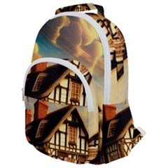 Village House Cottage Medieval Timber Tudor Split Timber Frame Architecture Town Twilight Chimney Rounded Multi Pocket Backpack by Posterlux