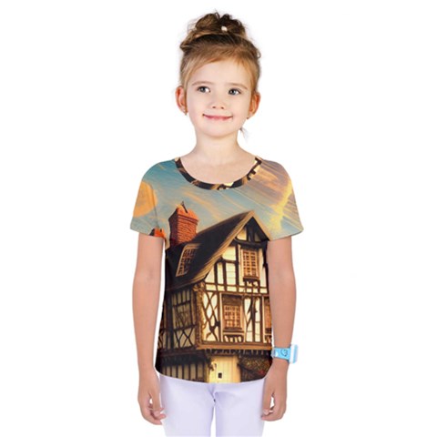 Village House Cottage Medieval Timber Tudor Split Timber Frame Architecture Town Twilight Chimney Kids  One Piece T-shirt by Posterlux