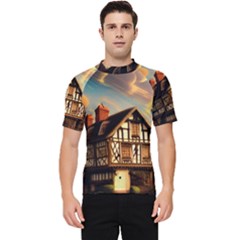 Village House Cottage Medieval Timber Tudor Split Timber Frame Architecture Town Twilight Chimney Men s Short Sleeve Rash Guard by Posterlux
