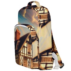 Village House Cottage Medieval Timber Tudor Split Timber Frame Architecture Town Twilight Chimney Double Compartment Backpack by Posterlux