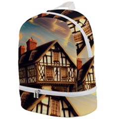 Village House Cottage Medieval Timber Tudor Split Timber Frame Architecture Town Twilight Chimney Zip Bottom Backpack by Posterlux