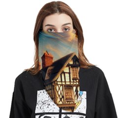 Village House Cottage Medieval Timber Tudor Split Timber Frame Architecture Town Twilight Chimney Face Covering Bandana (triangle) by Posterlux