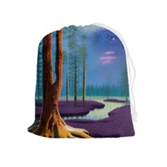 Artwork Outdoors Night Trees Setting Scene Forest Woods Light Moonlight Nature Drawstring Pouch (xl) by Posterlux