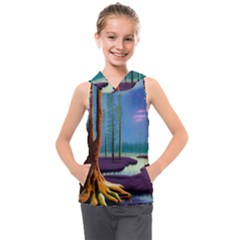Artwork Outdoors Night Trees Setting Scene Forest Woods Light Moonlight Nature Kids  Sleeveless Hoodie by Posterlux