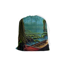 Boat Canoe Swamp Bayou Roots Moss Log Nature Scene Landscape Water Lake Setting Abandoned Rowboat Fi Drawstring Pouch (medium) by Posterlux