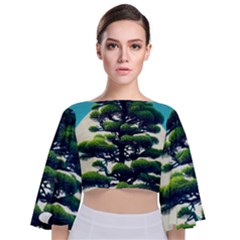 Pine Moon Tree Landscape Nature Scene Stars Setting Night Midnight Full Moon Tie Back Butterfly Sleeve Chiffon Top by Posterlux