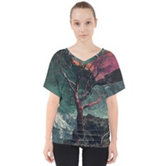 Night Sky Nature Tree Night Landscape Forest Galaxy Fantasy Dark Sky Planet V-neck Dolman Drape Top by Posterlux