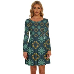 Flowers Pattern Design Abstract Long Sleeve Wide Neck Velvet Dress by Maspions