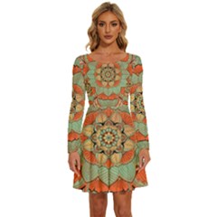 Mandala Floral Decorative Flower Long Sleeve Wide Neck Velvet Dress by Maspions