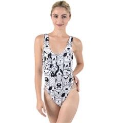 Seamless Pattern With Black White Doodle Dogs High Leg Strappy Swimsuit by Grandong