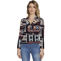 Retro Cameras Old Vintage Antique Technology Wallpaper Retrospective Women s Long Sleeve Revers Collar Cropped Jacket by Grandong