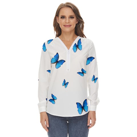 Butterfly-blue-phengaris Zip Up Long Sleeve Blouse by saad11